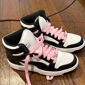 Puma Mid-Top Sneakers in Black, White & Pink Laces